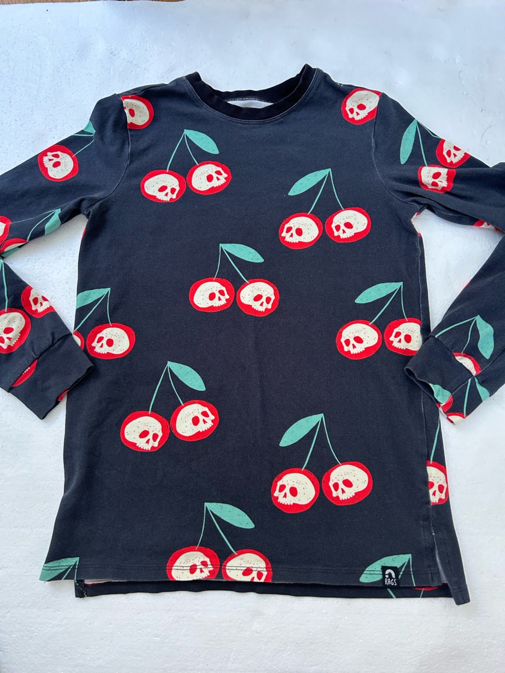 Rags to raches kids long sleeve shirt with red cherries with skulls inside